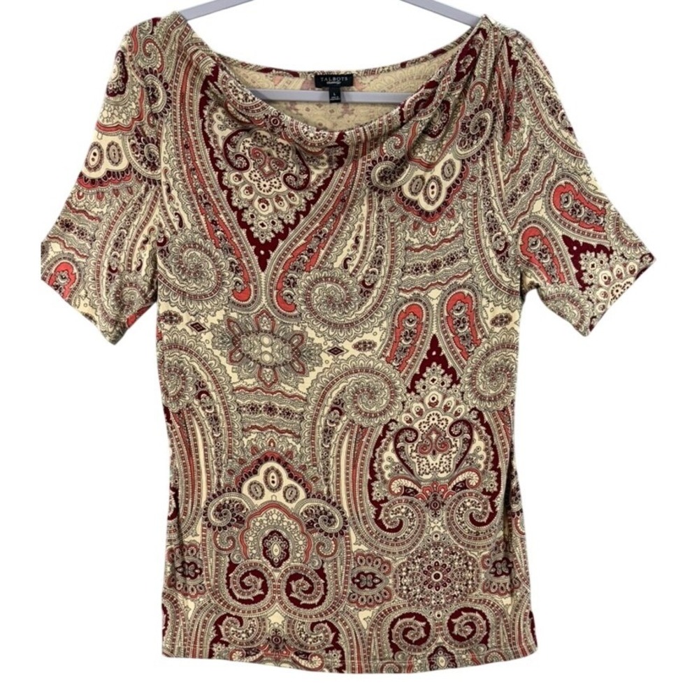 Talbots Blouse Womens L Paisley Cowl Neck Top Burgundy Cream Short Sleeve Blouse